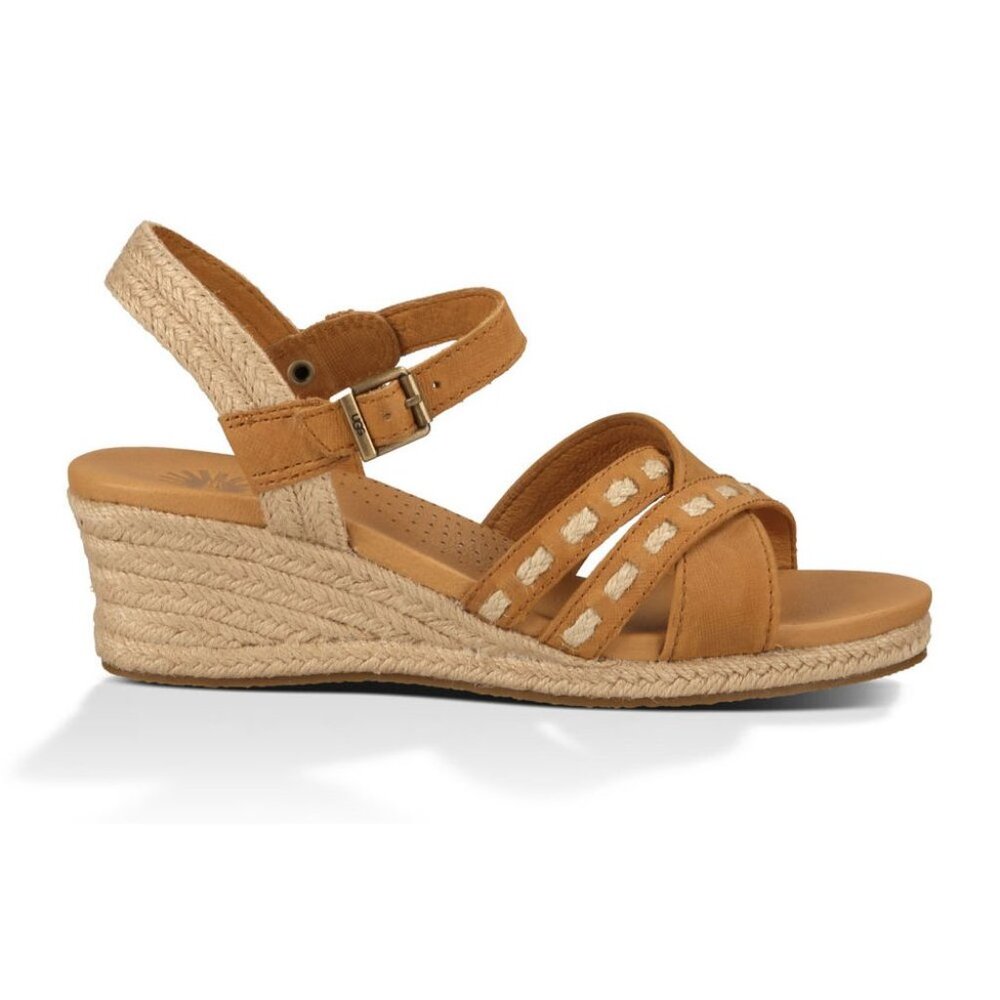 UGG Mairi EspadrilleWomens Tan Leather Wedge Heel Sandals Sz 9.5 Jute
